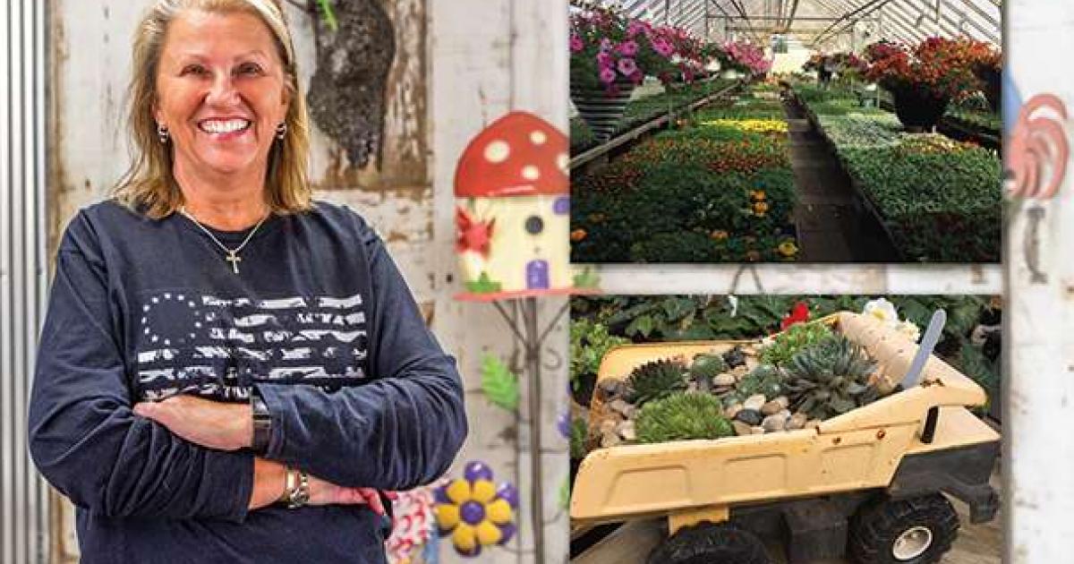 Owner Holly Wilson goes to market each year to order garden décor. Here, the garden décor is in a part of the greenhouse that used to be a horse stable, which adds to its charm and character.