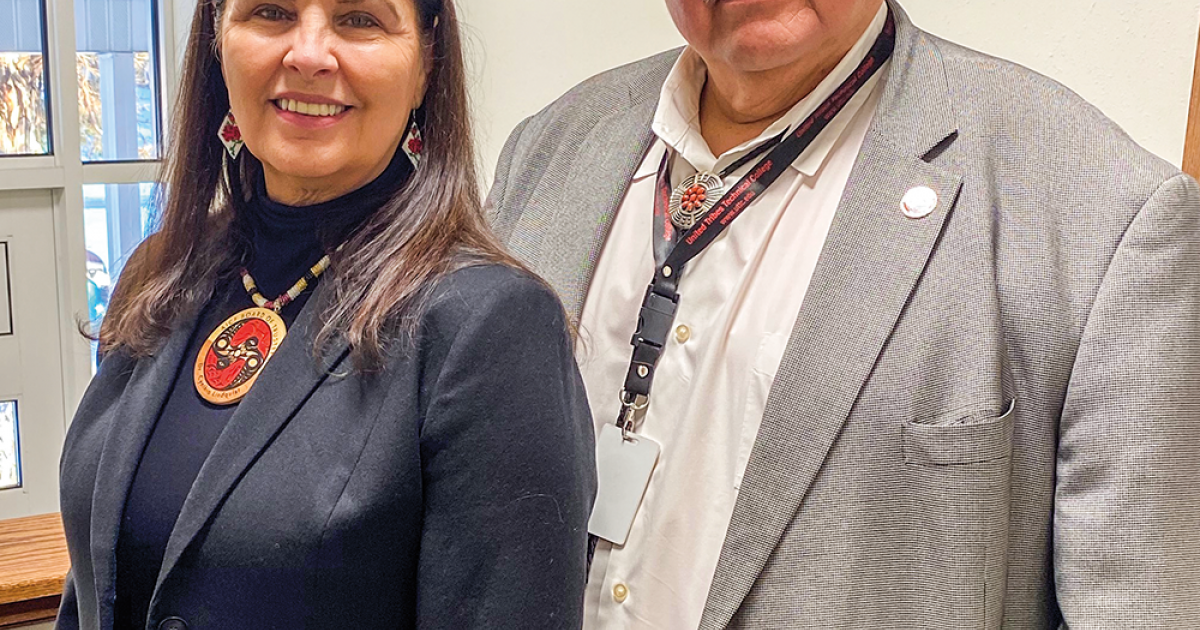 Dr. Cynthia Lindquist, president of the Cankdeska Cikana Community College, and Dr. Leander “Russ” McDonald, United Tribes Technical College president, share the impact of tribal colleges while visiting on the UTTC campus.