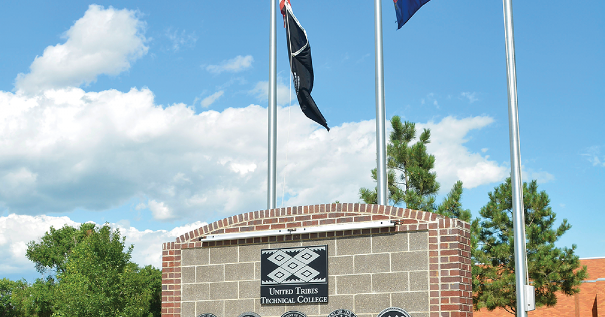A monument honoring those who have served in the U.S. Armed Forces welcomes visitors to the United Tribes Technical College campus. UTTC is the largest of North Dakota’s five tribal colleges.