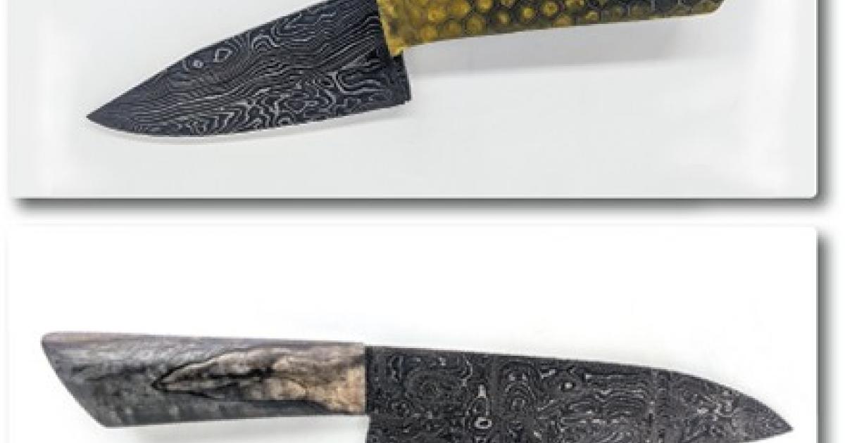 Top to bottom: Gabe Jensen’s San Mai blade demonstrates the untouched forged layer along the top of the blade.  This Damascus hunting knife has a frame handle construction with resin scales.  Gabe Jensen crafted this Damascus chef’s knife with a handle of purple dyed wood.  This was Gabe Jensen’s first Damascus knife after taking a class with American Bladesmith Society master David Lisch. This knife’s handle is made of boxelder burl scales.