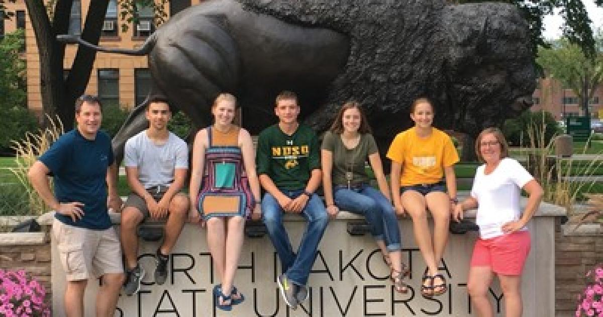 Wendy (right) and Jim (left) Bartholomay’s three children attending NDSU all received a full-tuition John and Alyce B. Travers Scholarship after graduating from Bowman County High School. Kathryn, third from left, is a junior studying biochemistry and molecular biology; Alex, fourth from left, is a sophomore studying accounting with a minor in management information systems; and Mikayla, fifth from left, is a freshman studying finance. Abigail, second from right, is a junior at Bowman County High School. A