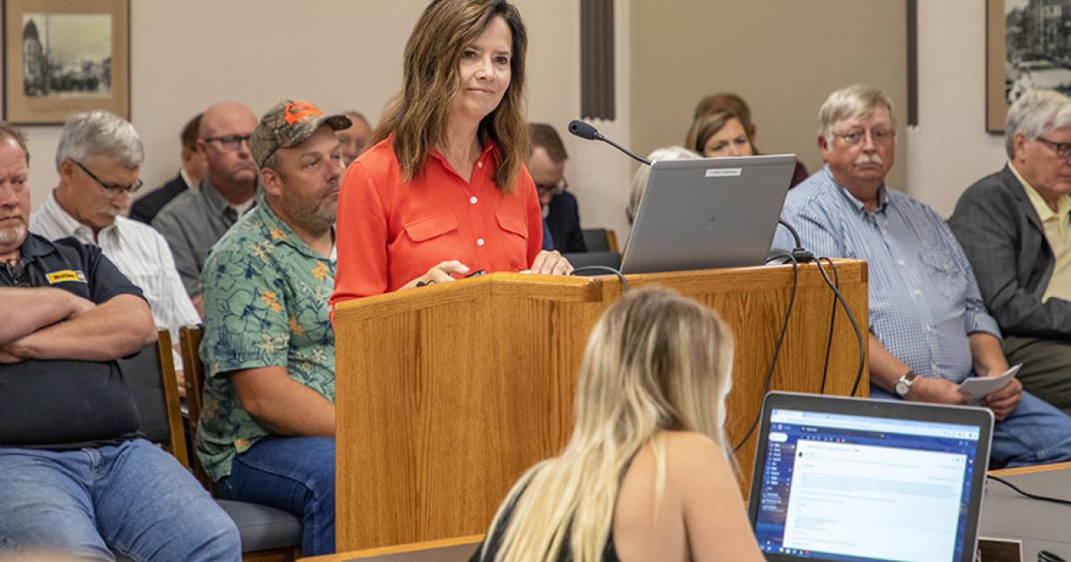 In her capacity as the rural development director for the North Dakota Association of Rural Electric Cooperatives, Lori Capouch testifies in front of an interim legislative committee about her work on rural grocery sector decline.  Photo by NDAREC/Cally Peterson