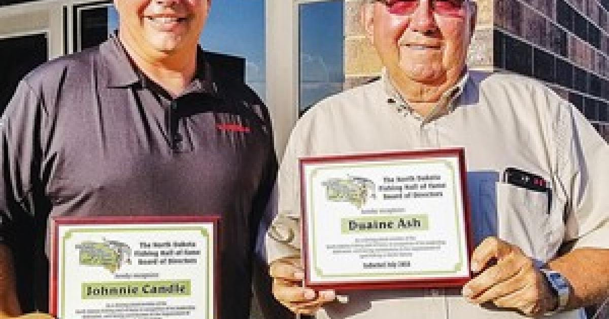 Duaine Ash, right, and Johnnie Candle, were inducted into the North Dakota Fishnig Hall of Fame in 2018. PHOTO COURTESY MINOT DAILY NEWS/ PHOTO COURTESY N.D. GAME & FISH DEPARTMENT KIM FUNDINGSLAND