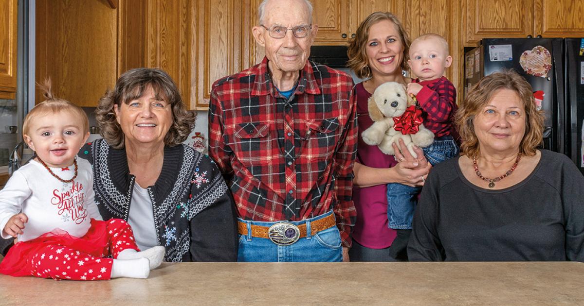 This four-generation branch of the Schaper family tree includes: Sig Schaper, middle (son of Katherina & Henry); on his right: his daughter, Barb Schaper Fridley, his great-granddaughter -- Barb’s granddaughter, Demrey; on his left: his daughter, Deb Schaper Allmendinger, with his granddaughter -- Deb’s daughter, Elizabeth, holding his great-grandson -- Deb’s grandson/her son, Liam.